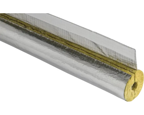 Rohrisolierung aus Steinwolle mit Aluminiumkaschierung und selbstklebendem Verschlussstreifen zur Wärmedämmung von Rohrleitungen.
