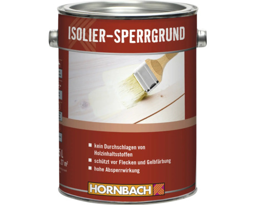 5 Liter Metalldose Hornbach Isolier-Sperrgrund für Holz, Schutz vor Flecken und Gelbfärbung, Hornbach Logo.