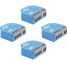 Vierer-Set Shelly Gen4 Smart Home Schaltaktoren für die Unterputzmontage mit grauen Schraubklemmen.