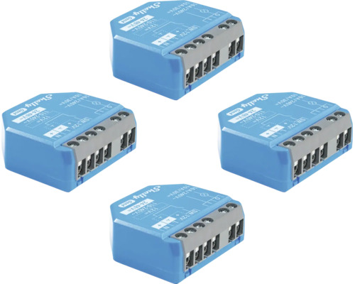 Vierer-Set Shelly Gen4 Smart Home Schaltaktoren für die Unterputzmontage mit grauen Schraubklemmen.