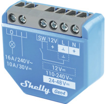 Blaues Shelly Gen4 Smart-Relais-Modul mit Anschlussklemmen und Schaltplan-Aufdruck.
