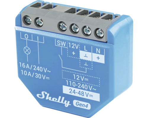 Blaues Shelly Gen4 Smart-Relais-Modul mit Anschlussklemmen und Schaltplan-Aufdruck.