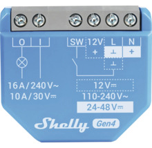 Shelly Gen4 Smart Relay Schalter mit Klemmen und Schaltplan für 110 bis 240 Volt Wechselstrom und 24 bis 48 Volt Gleichstrom.
