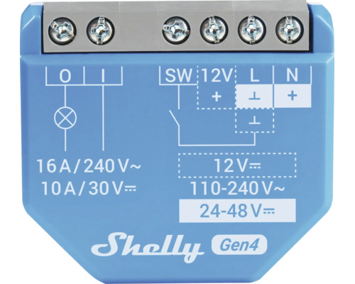 Shelly Gen4 Smart Relay Schalter mit Klemmen und Schaltplan für 110 bis 240 Volt Wechselstrom und 24 bis 48 Volt Gleichstrom.