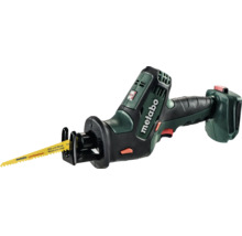 Metabo Akku-Säbelsäge in Grün und Schwarz mit gelbem Sägeblatt und Akku-Pack.