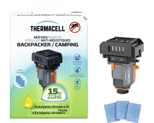 Thermacell Backpacker Mückenabwehr für Camping, kabellos, inklusive drei Wirkstoffplättchen, Schutz für circa 15 Quadratmeter.