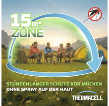 Vier Personen beim Camping in den Bergen, geschützt durch eine 15 Quadratmeter große Thermacell Mückenschutz-Zone. Thermacell Logo.