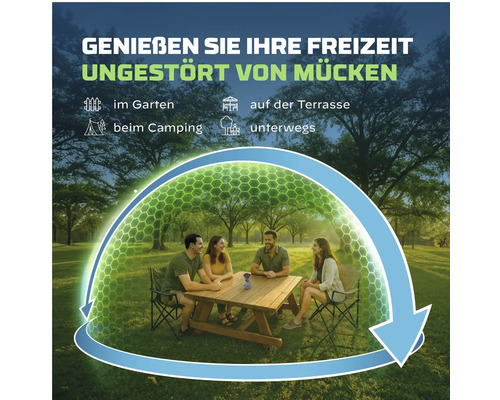 Vier Personen sitzen im Freien an einem Tisch, geschützt vor Mücken durch eine symbolische Kuppel.