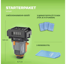 Thermacell Mückenabwehr-Starterpaket: Gerät, drei Wirkstoffplättchen für je vier Stunden und Reisebeutel. Maße circa 9,9 mal 6,7 Zentimeter.