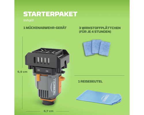 Thermacell Mückenabwehr-Starterpaket: Gerät, drei Wirkstoffplättchen für je vier Stunden und Reisebeutel. Maße circa 9,9 mal 6,7 Zentimeter.