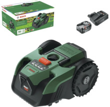 Bosch Mähroboter Set VISIMOW 18 Volt 200 inklusive Akku, Ladegerät und Verpackung.
