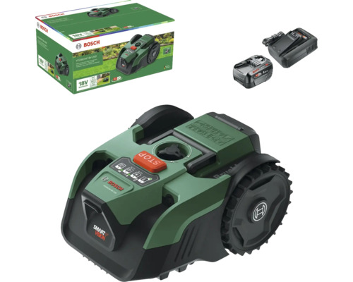 Bosch Mähroboter Set VISIMOW 18 Volt 200 inklusive Akku, Ladegerät und Verpackung.