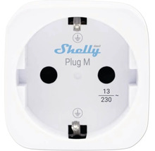 Shelly Logo, weißer smarter Zwischenstecker Shelly Plug M mit Erdungssymbol und Angabe von 13 Ampere und 230 Volt Wechselstrom.