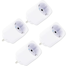 Vier kompakte Shelly Plus Plug S smarte Steckdosen in Weiß.