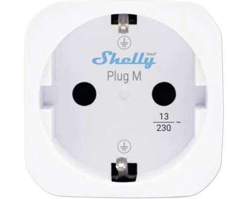 Weißer smarter Steckdosenadapter Shelly Plug M Generation 3 mit Erdungsanschluss und einer Spannung von 230 Volt.