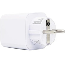 Kompakter smarter Zwischenstecker mit Schutzkontakt-Stecker in Weiß aus Kunststoff.