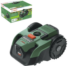 Bosch Mähroboter VISIMOW 18V-200 mit Smart Vision und 18 Volt Akku, inklusive Produktverpackung.