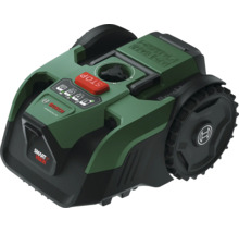 Bosch Mähroboter mit Smart Vision, Bedienfeld, großer roter Stopptaste, profilierten Rädern und Bosch Logo.