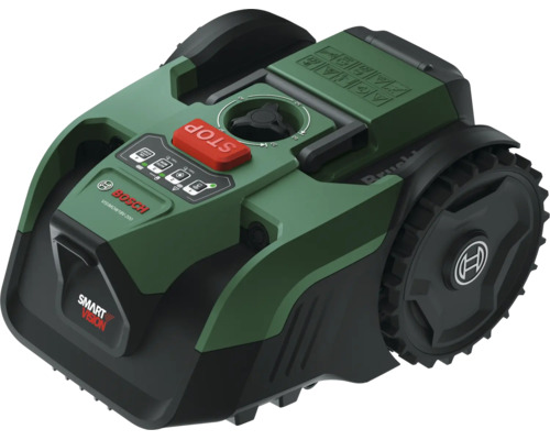 Bosch Mähroboter mit Smart Vision, Bedienfeld, großer roter Stopptaste, profilierten Rädern und Bosch Logo.