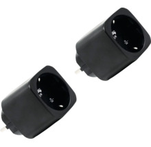 Zwei schwarze smarte Zwischenstecker Shelly Plug S zur Steuerung von Elektrogeräten.