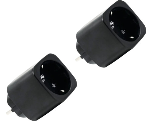 Zwei schwarze smarte Zwischenstecker Shelly Plug S zur Steuerung von Elektrogeräten.