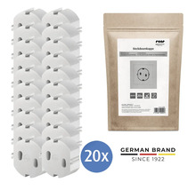 20 weiße Steckdosenkappen aus Kunststoff von Reer inklusive Verpackungsbeutel und Reer Logo.