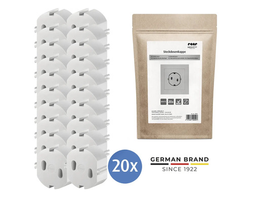 20 weiße Steckdosenkappen aus Kunststoff von Reer inklusive Verpackungsbeutel und Reer Logo.