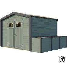 Gartenhaus aus Holz mit Doppeltür und integriertem Anbau zur Mülltonnenverkleidung als Gartenhausbausatz (Image AI modified or generated)