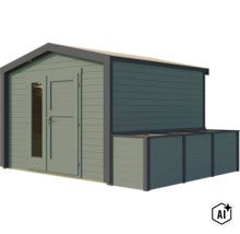 Modernes Gartenhaus aus Holz mit Pultdach, Doppeltür mit Glaselementen und seitlichem Anbau für Lagerfläche. (Image AI modified or generated)