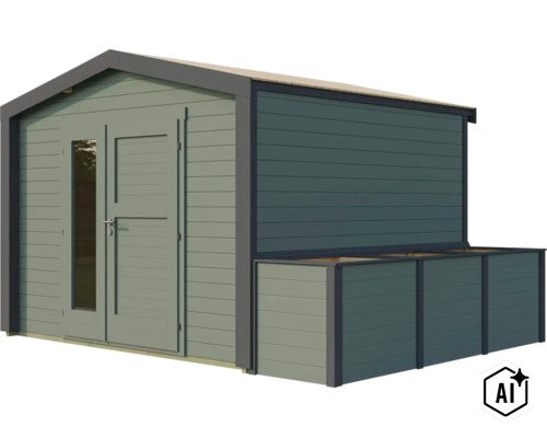 Modernes Gartenhaus aus Holz mit Pultdach, Doppeltür mit Glaselementen und seitlichem Anbau für Lagerfläche. (Image AI modified or generated)