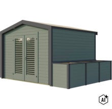 Gartenhaus aus Holz mit Doppelflügeltür und seitlichem Anbau für Abfallbehälter (Image AI modified or generated)