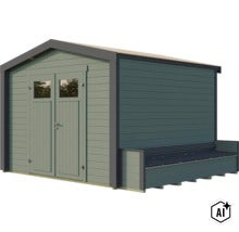 Gartenhaus aus Holz mit Doppeltür und integrierter Sitzbank im modernen Design für den Außenbereich. (Image AI modified or generated)