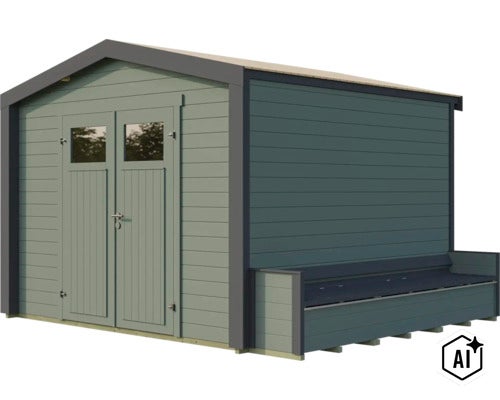 Gartenhaus aus Holz mit Doppeltür und integrierter Sitzbank im modernen Design für den Außenbereich. (Image AI modified or generated)