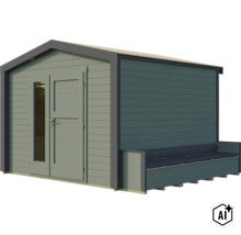 Modernes Gartenhaus aus Holz mit Pultdach, Flügeltür und seitlich integrierter Gartenbank. (Image AI modified or generated)