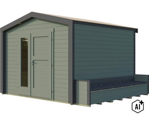 Modernes Gartenhaus aus Holz mit Pultdach, Flügeltür und seitlich integrierter Gartenbank. (Image AI modified or generated)