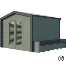 Gartenhaus aus Holz mit Doppeltür und integrierter Sitzbank im modernen Design zur Aufbewahrung von Gartengeräten. (Image AI modified or generated)