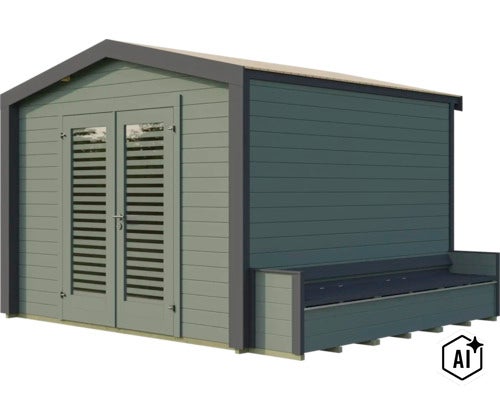 Gartenhaus aus Holz mit Doppeltür und integrierter Sitzbank im modernen Design zur Aufbewahrung von Gartengeräten. (Image AI modified or generated)