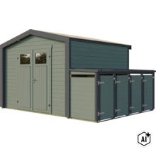 Gartenhaus aus Holz mit Doppeltür und angebautem Unterstand für die Lagerung von Gartengeräten oder Fahrrädern. (Image AI modified or generated)