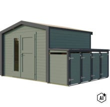 Gartenhaus aus Holz mit integriertem Anbau für Lagerplatz, mit Doppelflügeltür und Glaselementen (Image AI modified or generated)
