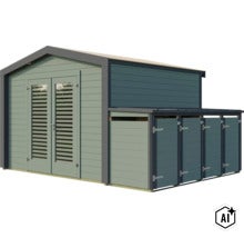 Gartenhaus aus Holz mit Doppeltür und integriertem Mülltonnenunterstand für den Außenbereich (Image AI modified or generated)