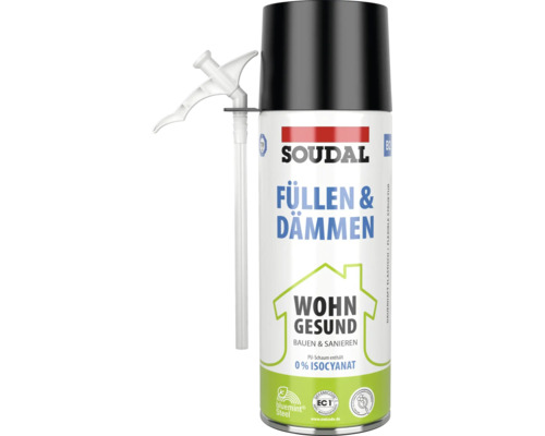 Soudal Logo, Polyurethan-Schaum Füllen und Dämmen mit Applikator, isocyanatfrei, sehr emissionsarm nach EC1 Plus.