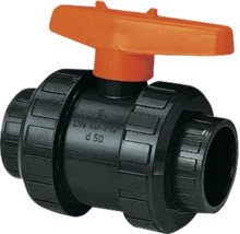PVC-Kugelhahn mit Klebemuffen, Durchmesser 50 Millimeter, DN 40, mit Handhebel.