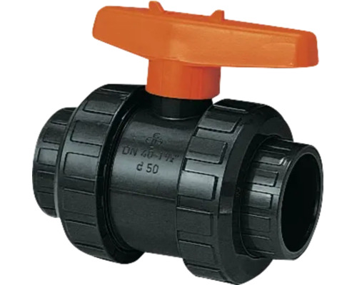 PVC-Kugelhahn mit Klebemuffen, Durchmesser 50 Millimeter, DN 40, mit Handhebel.
