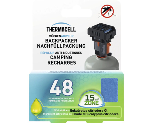 Thermacell Mückenabwehr Backpacker Nachfüllpackung für achtundvierzig Stunden Schutz in einer fünfzehn Quadratmeter Zone mit Eukalyptus Citriodora Öl.