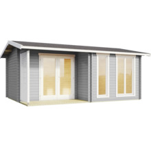 Graues Gartenhaus aus Holz mit weißen Doppelflügeltüren aus Glas, zwei großen Fenstern und einer weißen Lamellenwand an der Seite.