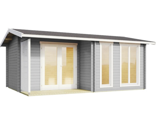 Graues Gartenhaus aus Holz mit weißen Doppelflügeltüren aus Glas, zwei großen Fenstern und einer weißen Lamellenwand an der Seite.