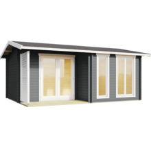 Modernes Gartenhaus aus Holz in Anthrazit mit weißer Glas-Doppeltür, zwei Fenstern und kleiner Terrasse.