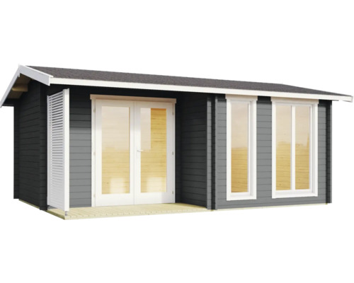 Modernes Gartenhaus aus Holz in Anthrazit mit weißer Glas-Doppeltür, zwei Fenstern und kleiner Terrasse.