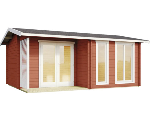 Gartenhaus aus Holz in Rot mit weißen Doppeltüren, zwei Fenstern und einer Seitenwand mit Lamellen.
