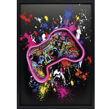 Gerahmtes Wandbild mit Gaming-Controller im Graffiti-Stil und bunten Farbspritzern auf schwarzem Grund.